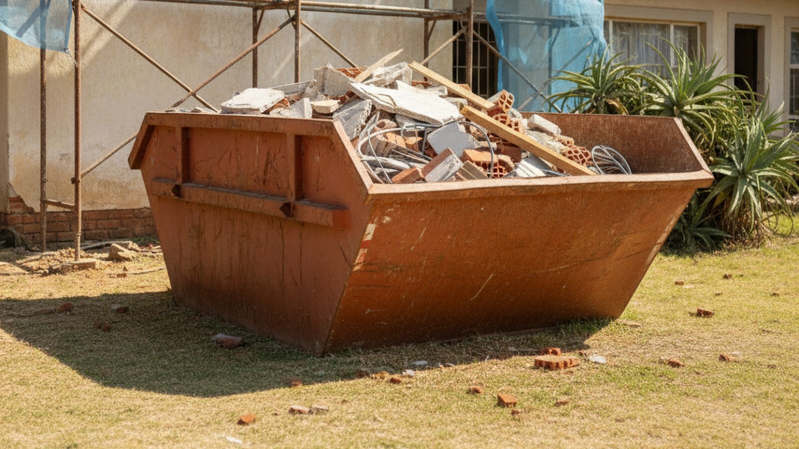 Rust-orange 6m3 builders skip on a lawn beside a Cape Town house under renovation