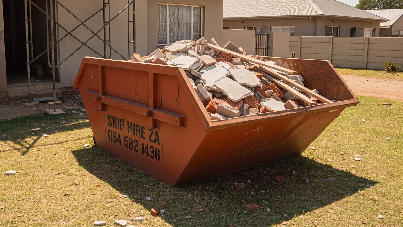 Builders skip holding plaster, brick and timber offcuts during a home strip-out