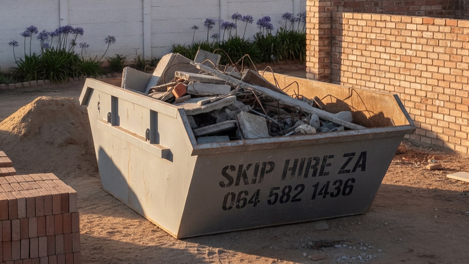 Large builders skip on a Cape Town residential building site loaded with broken concrete