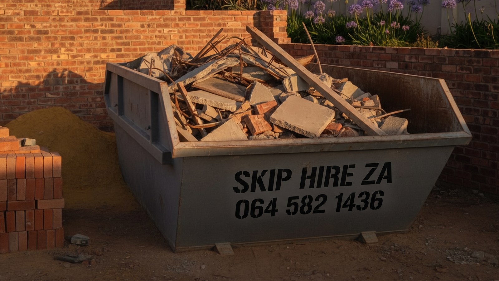 Construction skip beside stacked bricks and sand on a Cape Town site at the end of the day