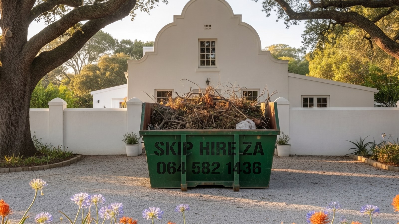 Dark green skip on a gravel drive in front of a Cape Dutch farmhouse, filled with branches