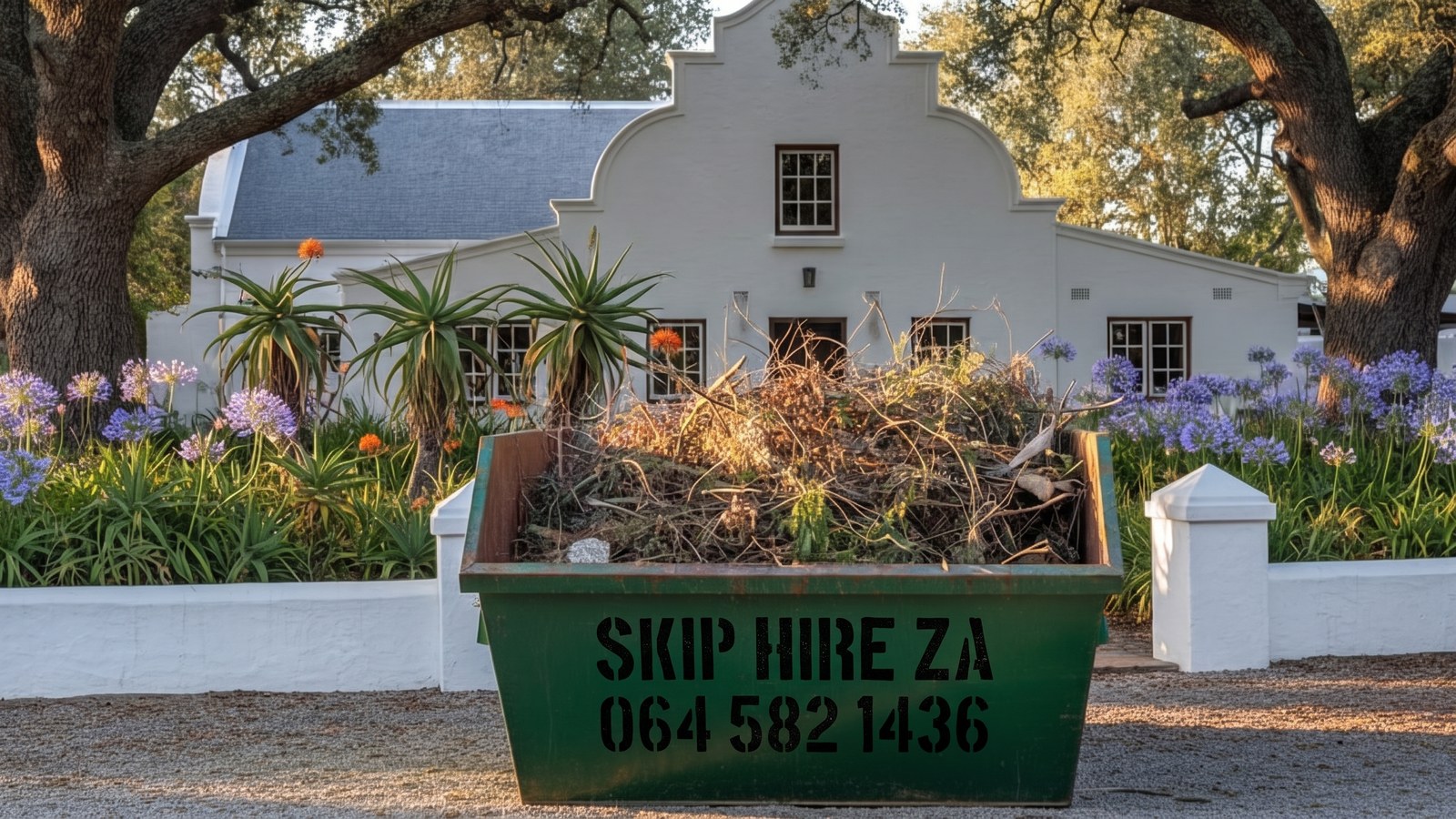 Garden clearing skip on gravel beneath old oaks at a whitewashed Winelands house