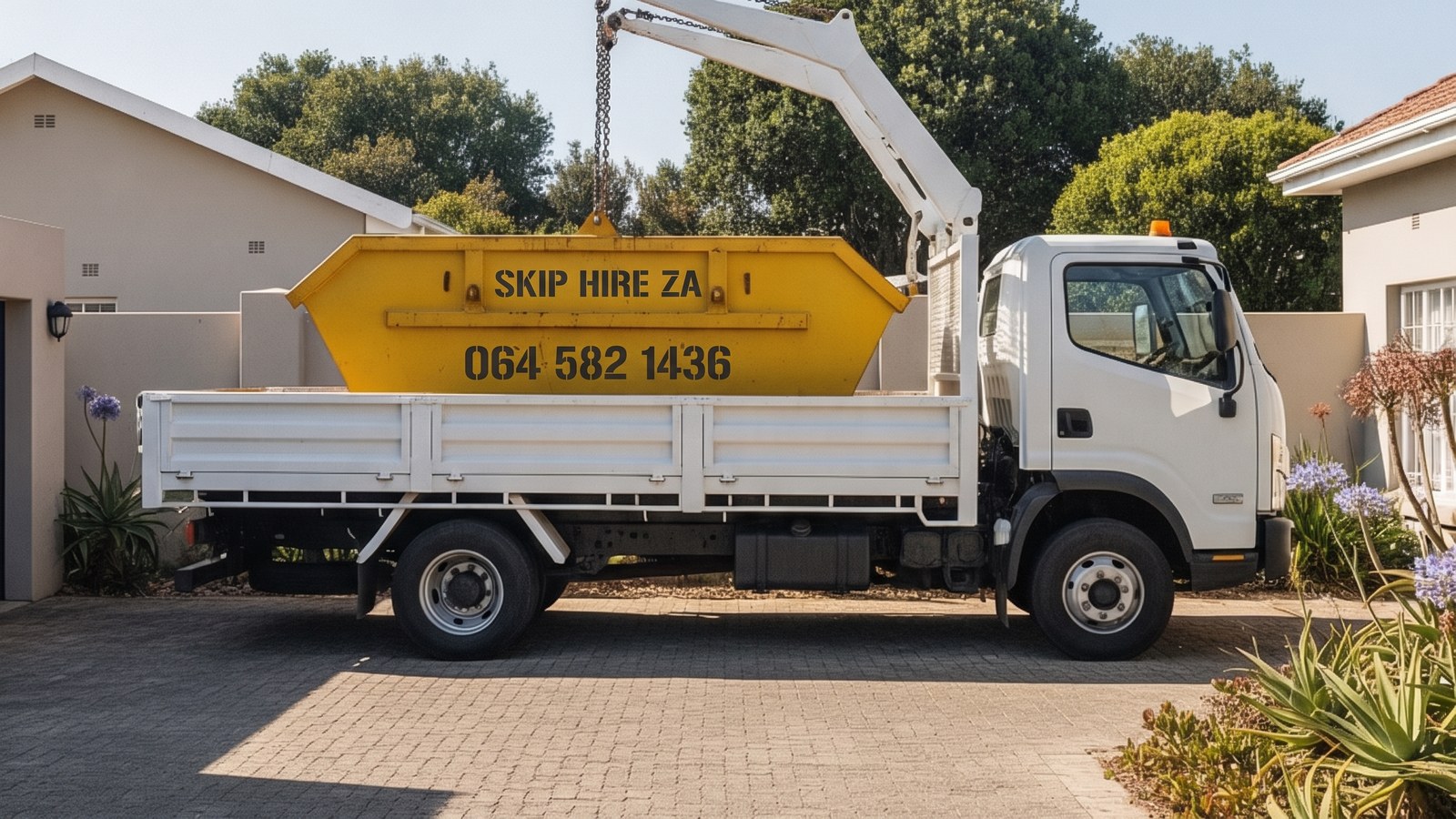 Skip truck with chain hoist arms setting a skip down outside a walled Cape Town house