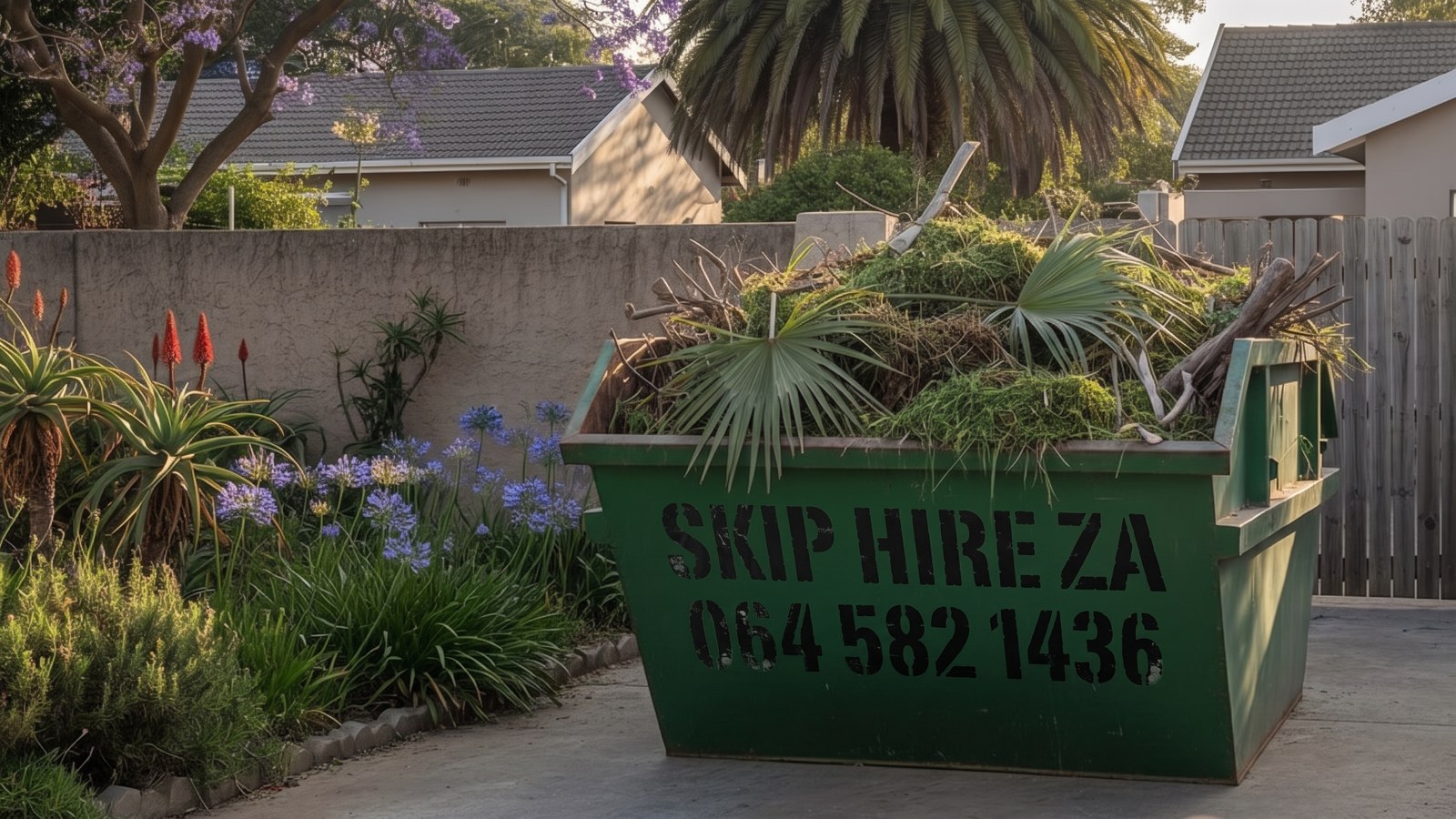 Green garden refuse skip heaped with palm fronds, branches and hedge clippings