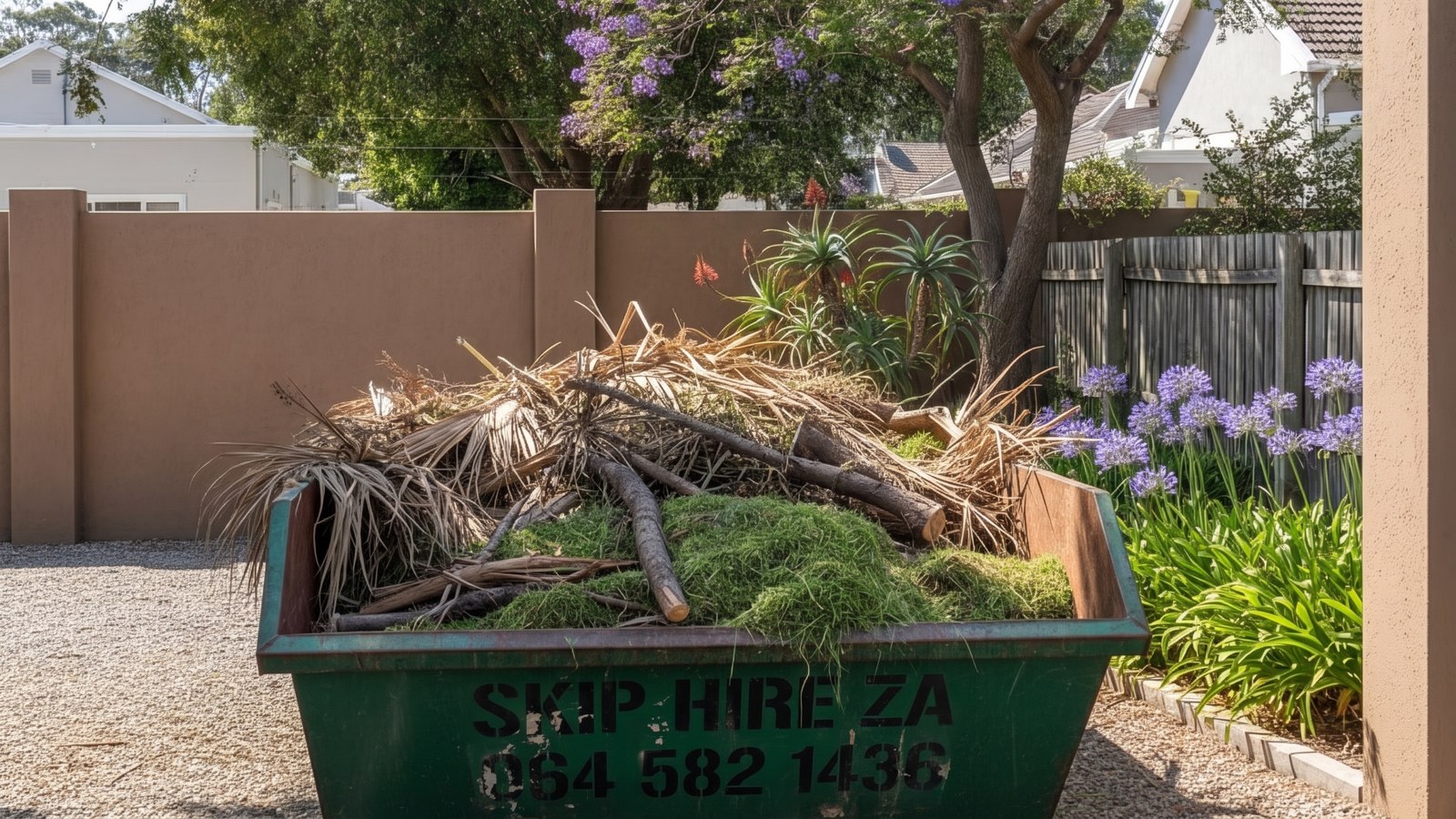 Garden waste skip under a jacaranda, filled with grass, prunings and cut branches