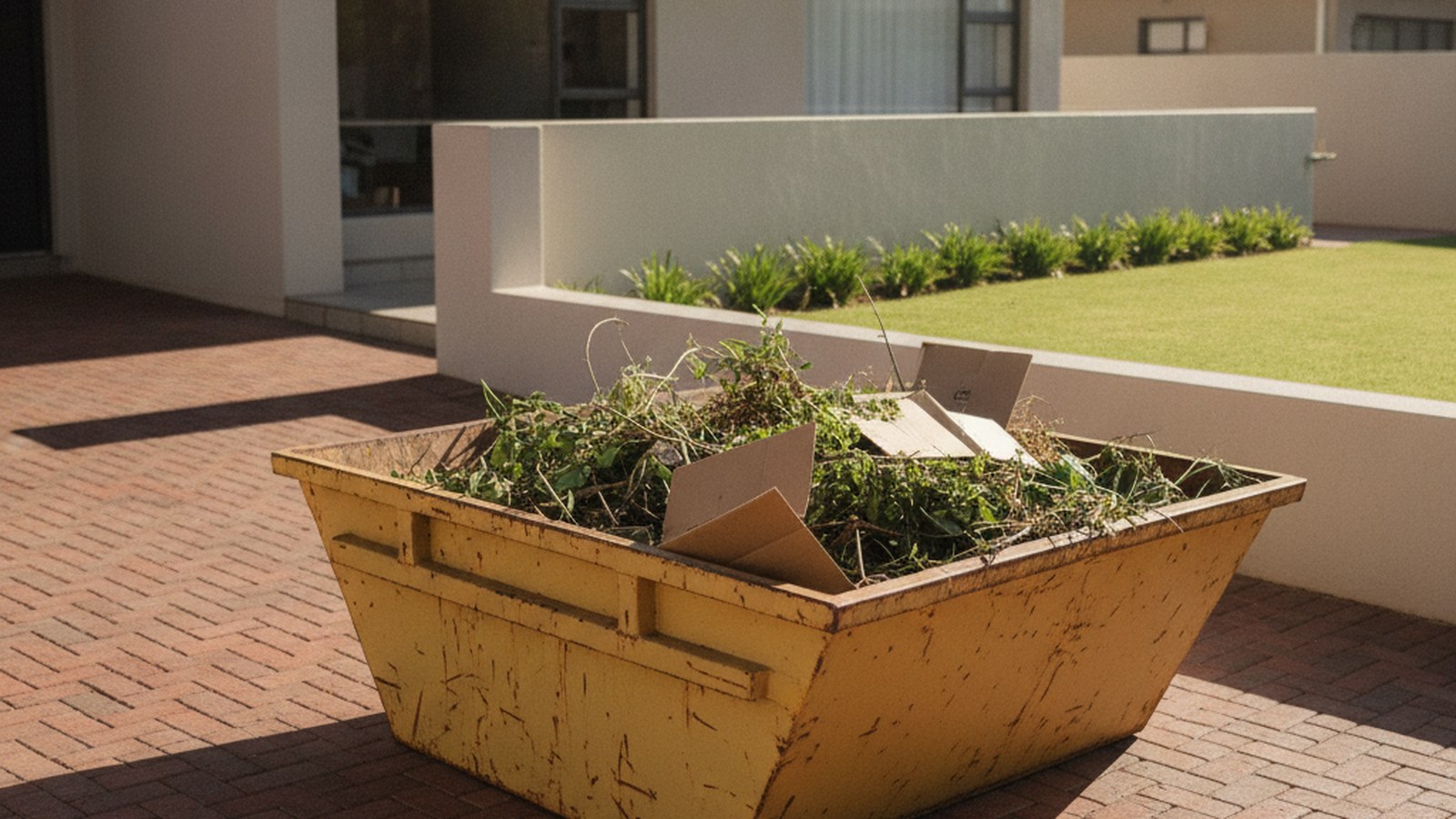Yellow 2m3 mini skip on a Cape Town brick driveway, part filled with garden cuttings