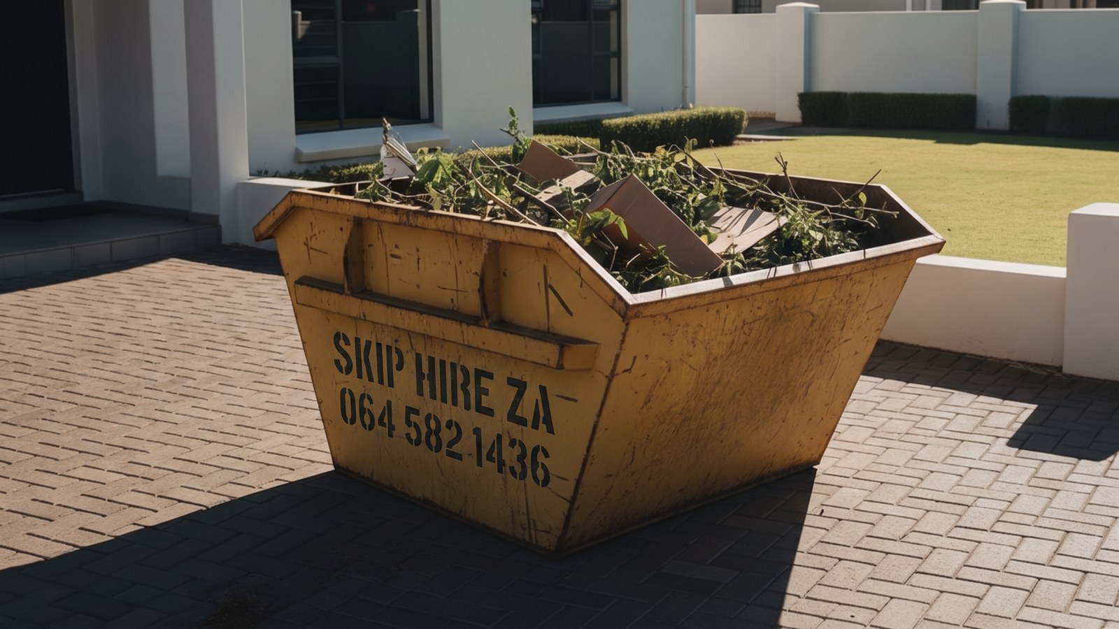Mini skip standing on a paved suburban driveway beside a low garden wall