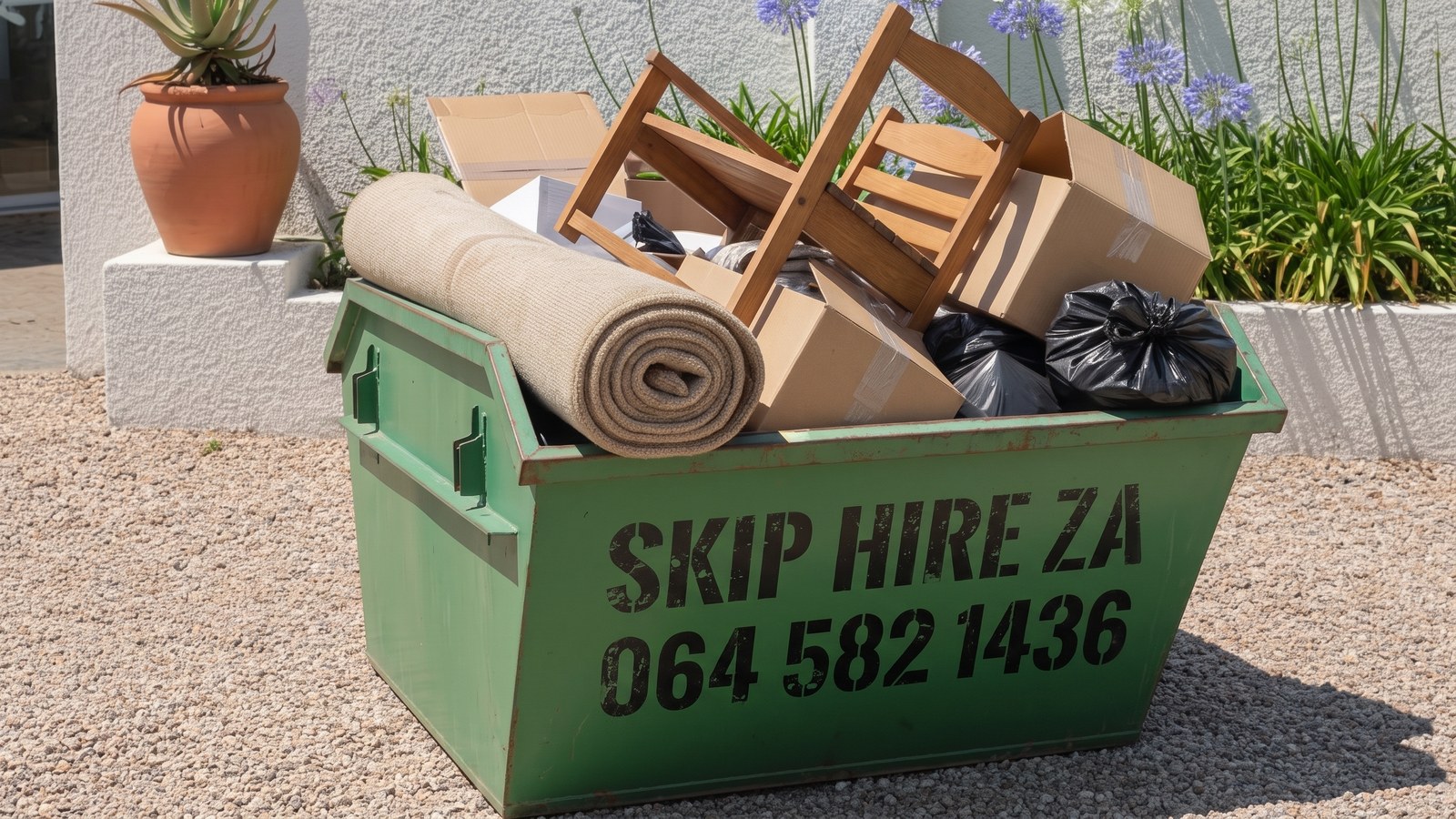 Green mini skip filled with a household clear-out of furniture, boxes and bagged waste
