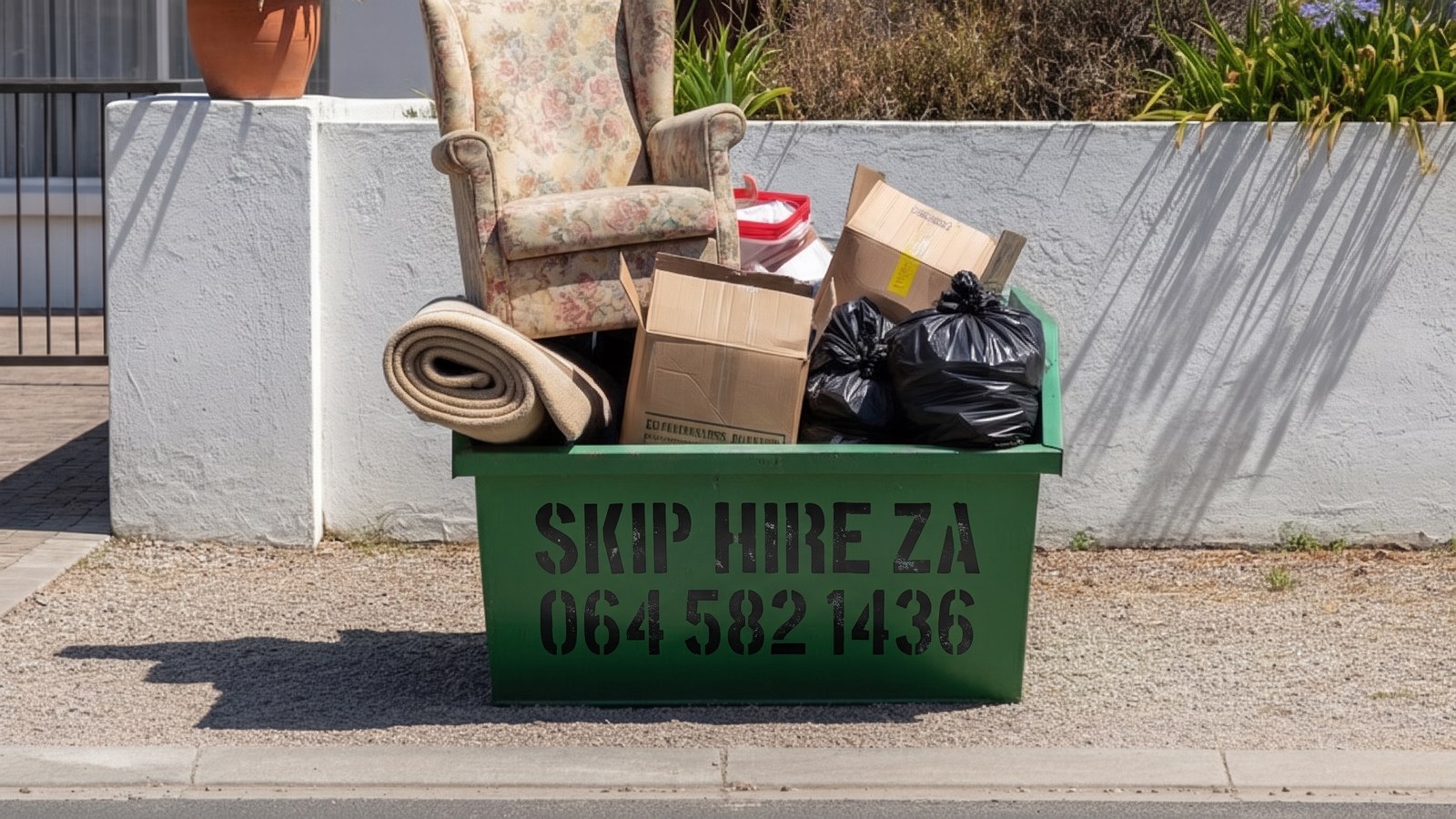Small skip holding an old armchair, a rolled carpet and black bags outside a Cape Town home