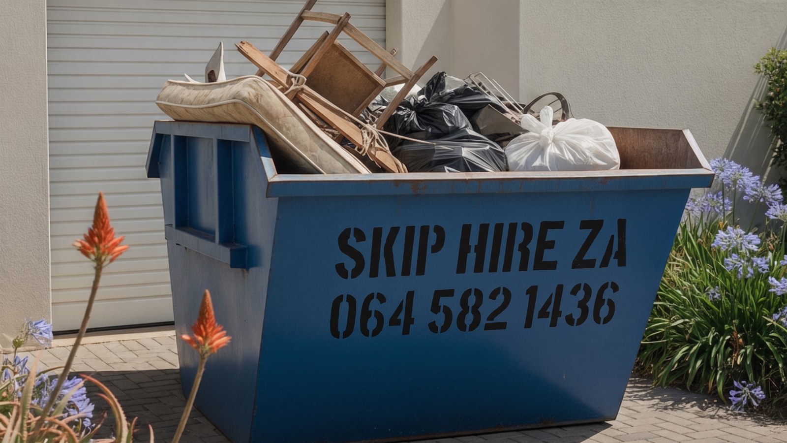 Blue skip on a driveway filled with mixed household junk, old timber and bagged rubbish
