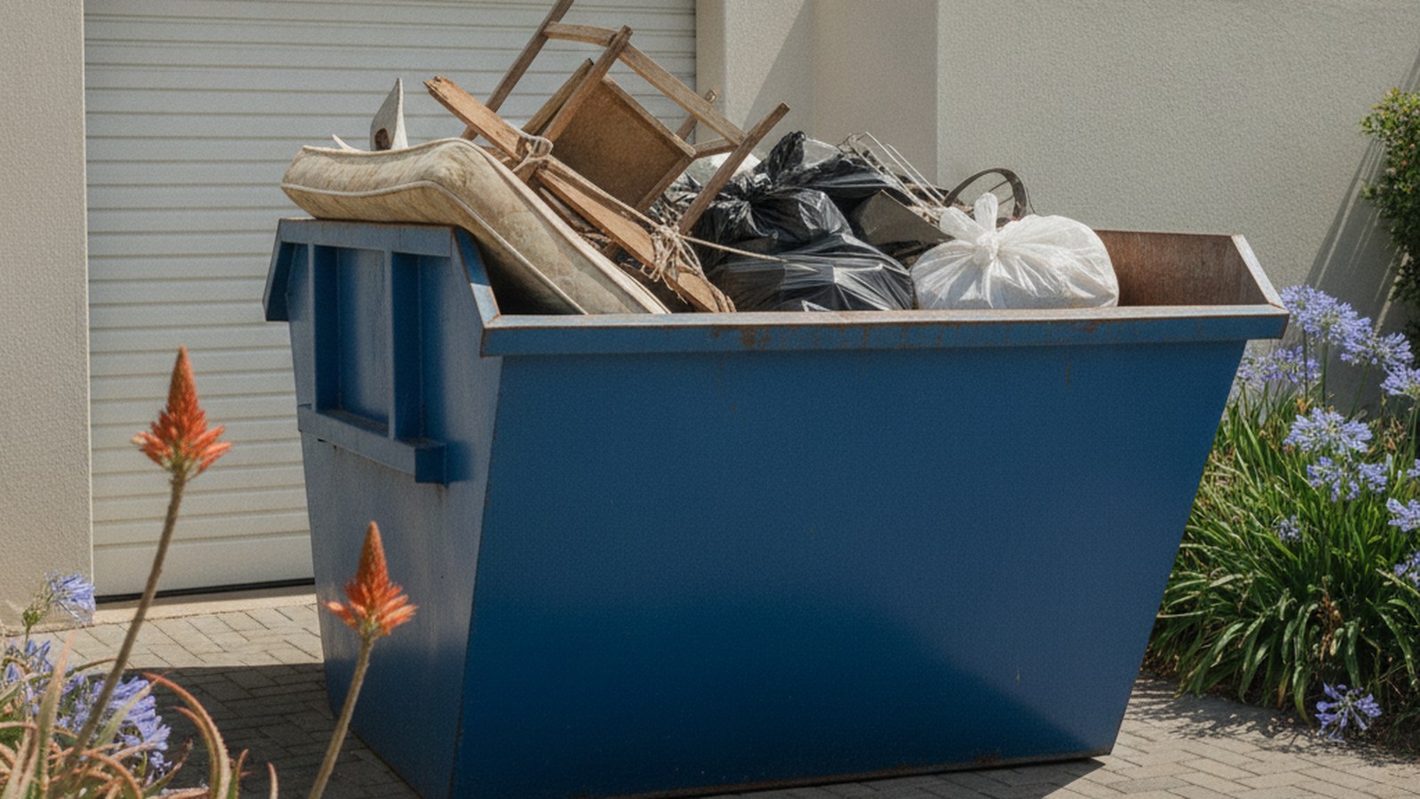 Blue skip on a driveway filled with mixed household junk, old timber and bagged rubbish