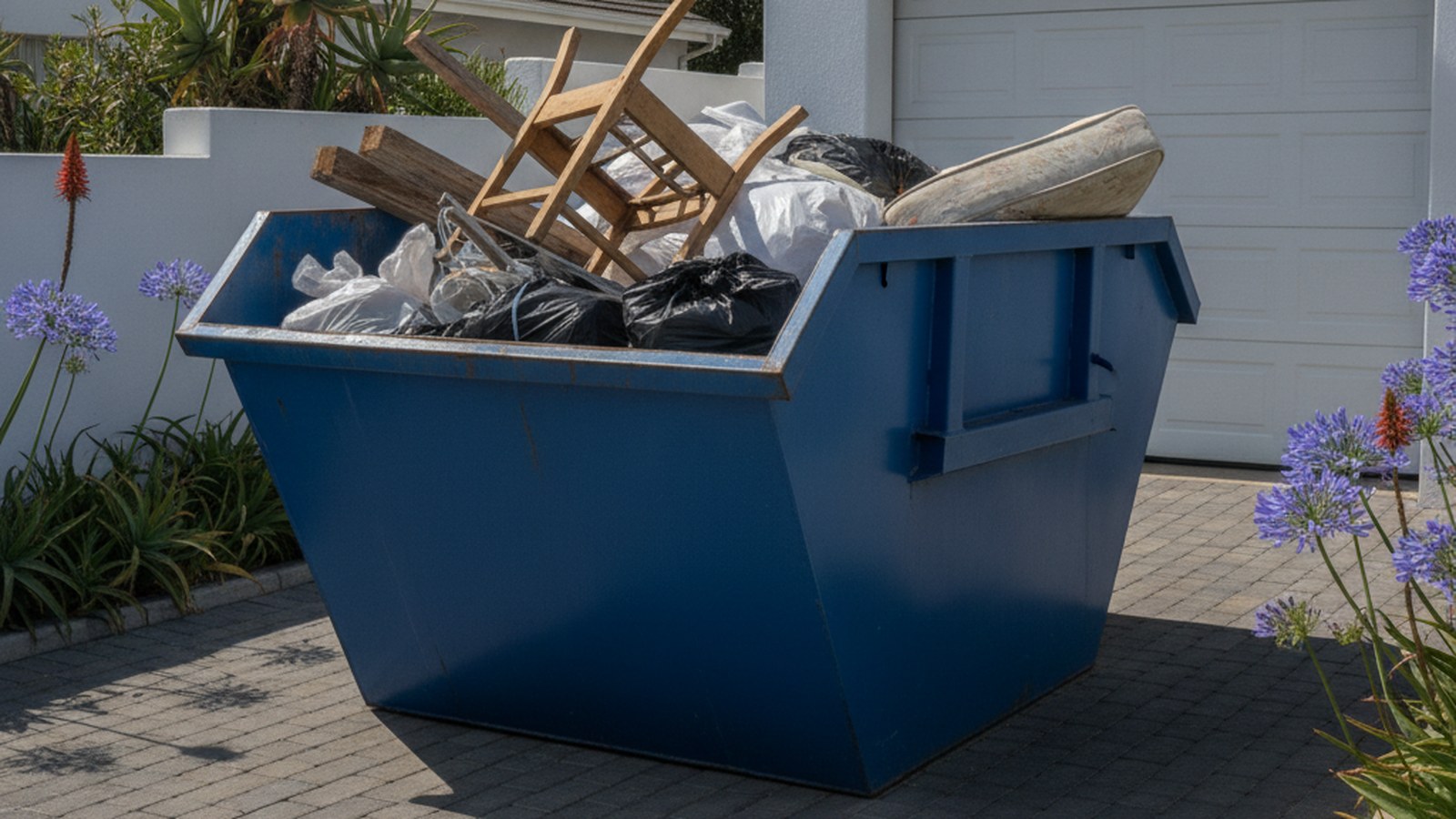 Skip beside a garage door holding a broken chair, scrap timber and bagged waste