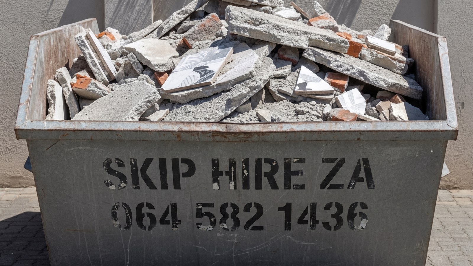 Skip filled to the rim with builders rubble, broken concrete slabs and cracked floor tiles