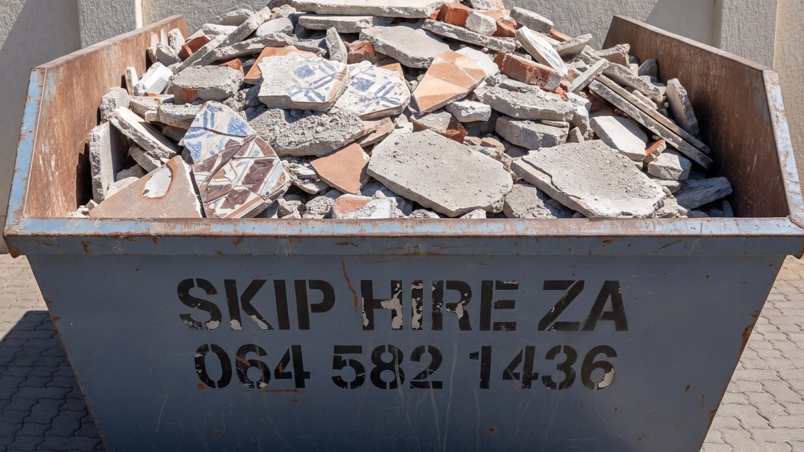 Close view of a rubble skip holding broken concrete, red brick and grey plaster