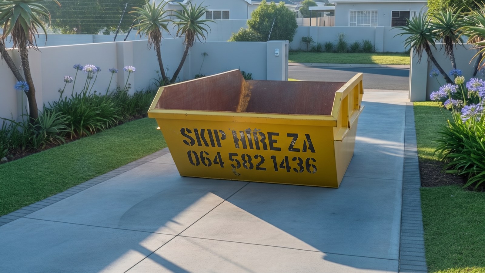 Empty yellow skip freshly delivered at sunrise onto a clean Cape Town suburban driveway
