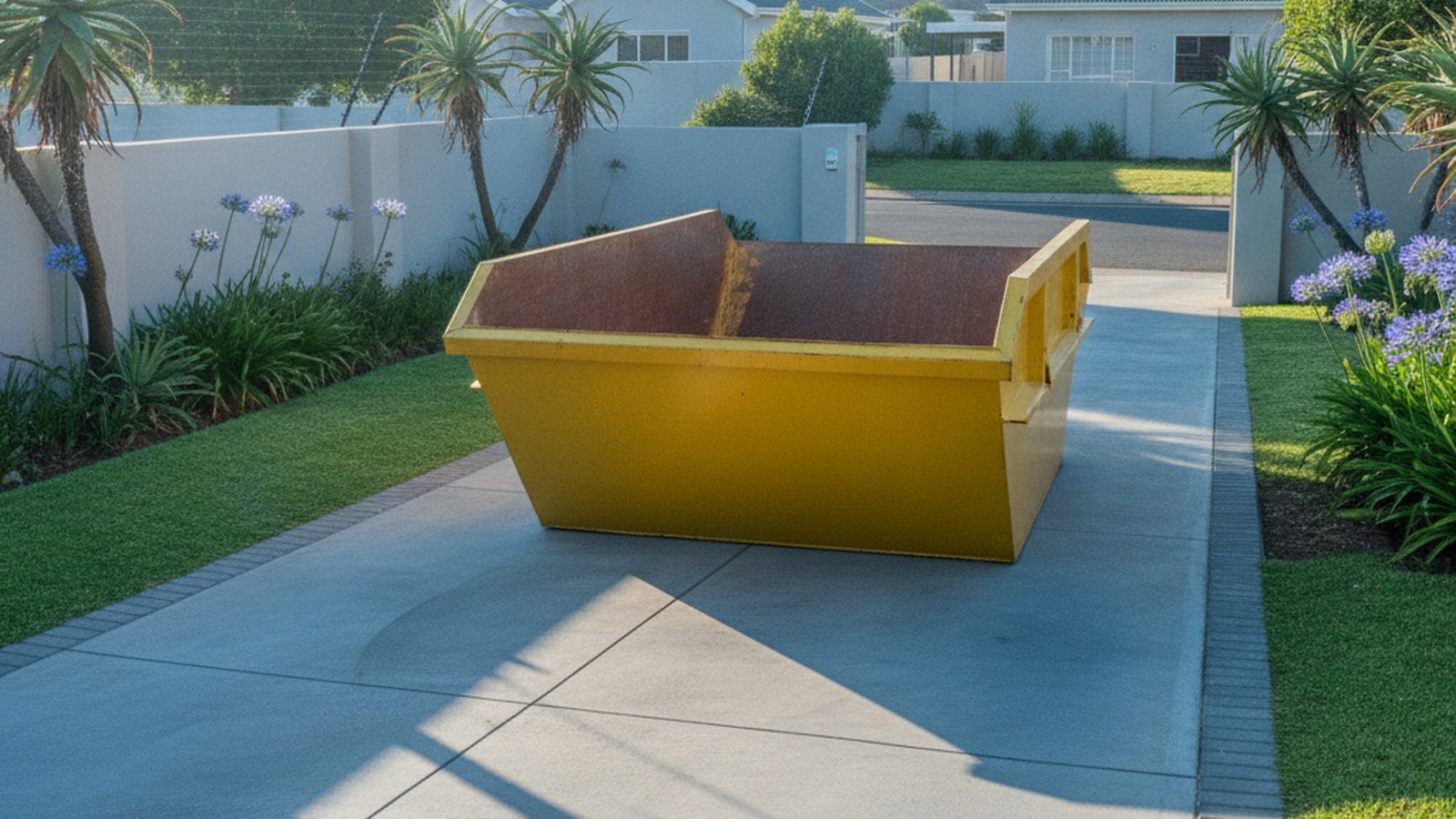 Empty yellow skip freshly delivered at sunrise onto a clean Cape Town suburban driveway