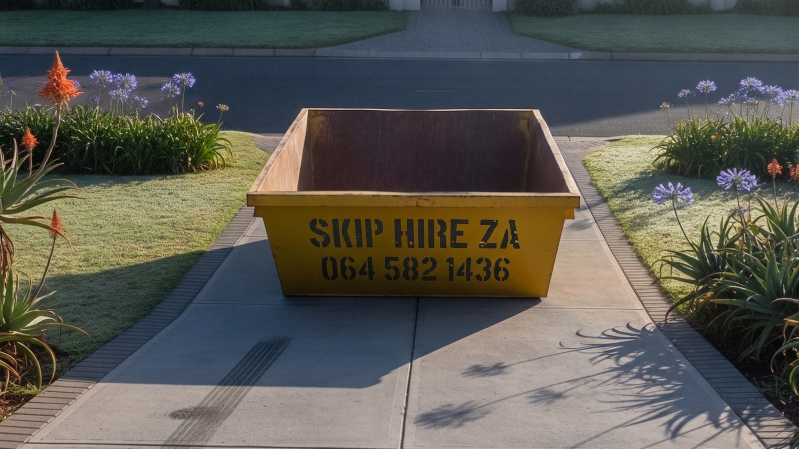 Newly delivered empty skip on a driveway in early morning light, ready to be filled