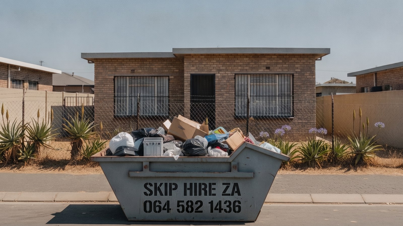 Skip on the pavement outside a single-storey face-brick Cape Town home during a clear-out