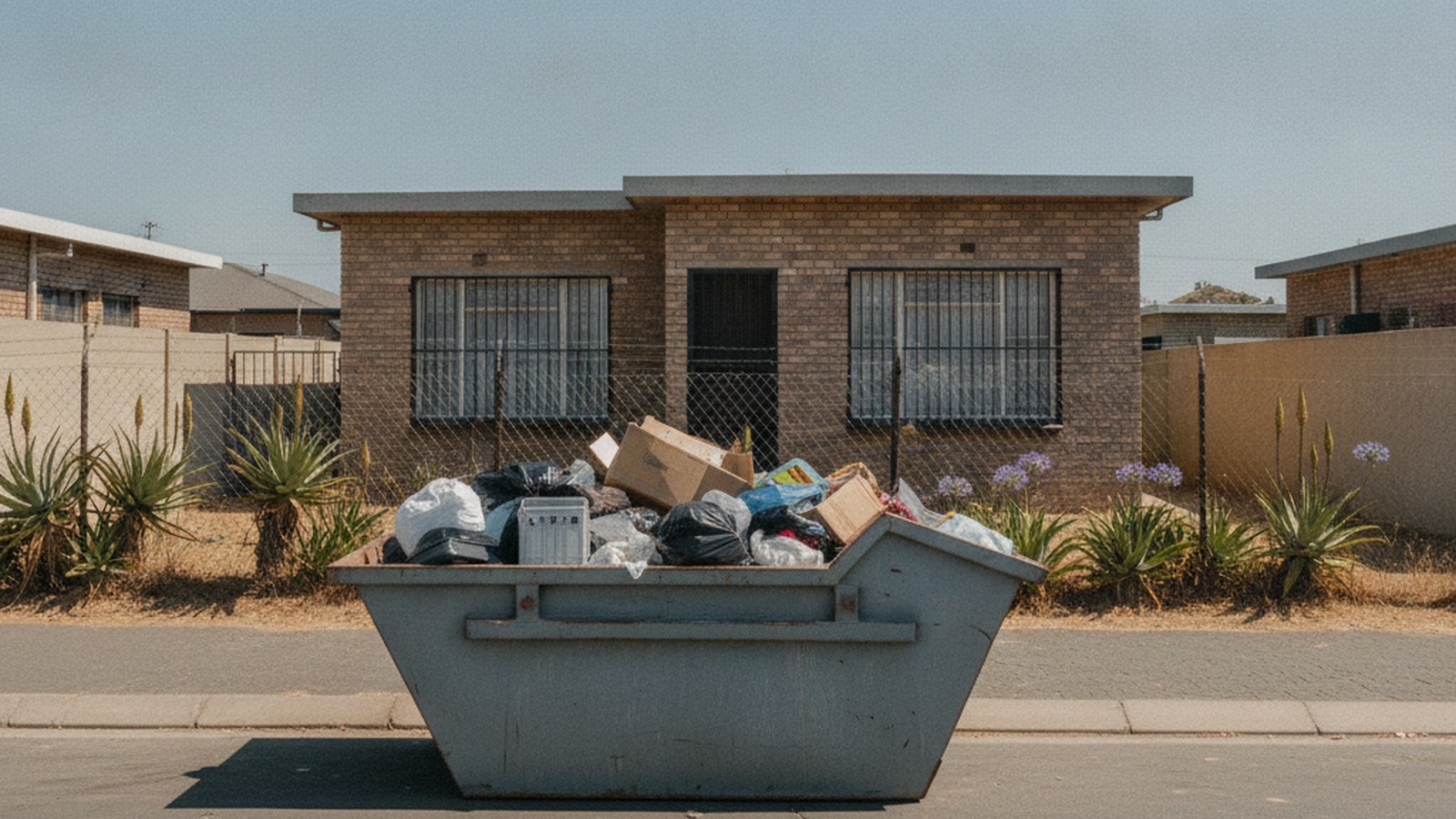 Skip on the pavement outside a single-storey face-brick Cape Town home during a clear-out