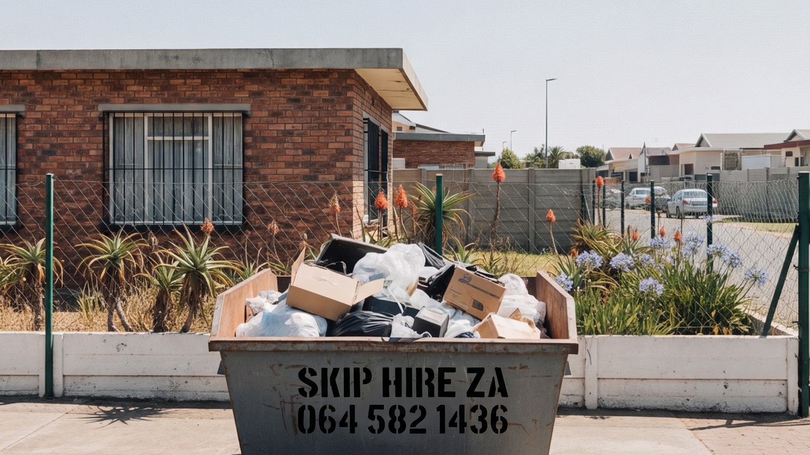 Skip parked in the road outside a flat-roofed face-brick house on the Cape Flats