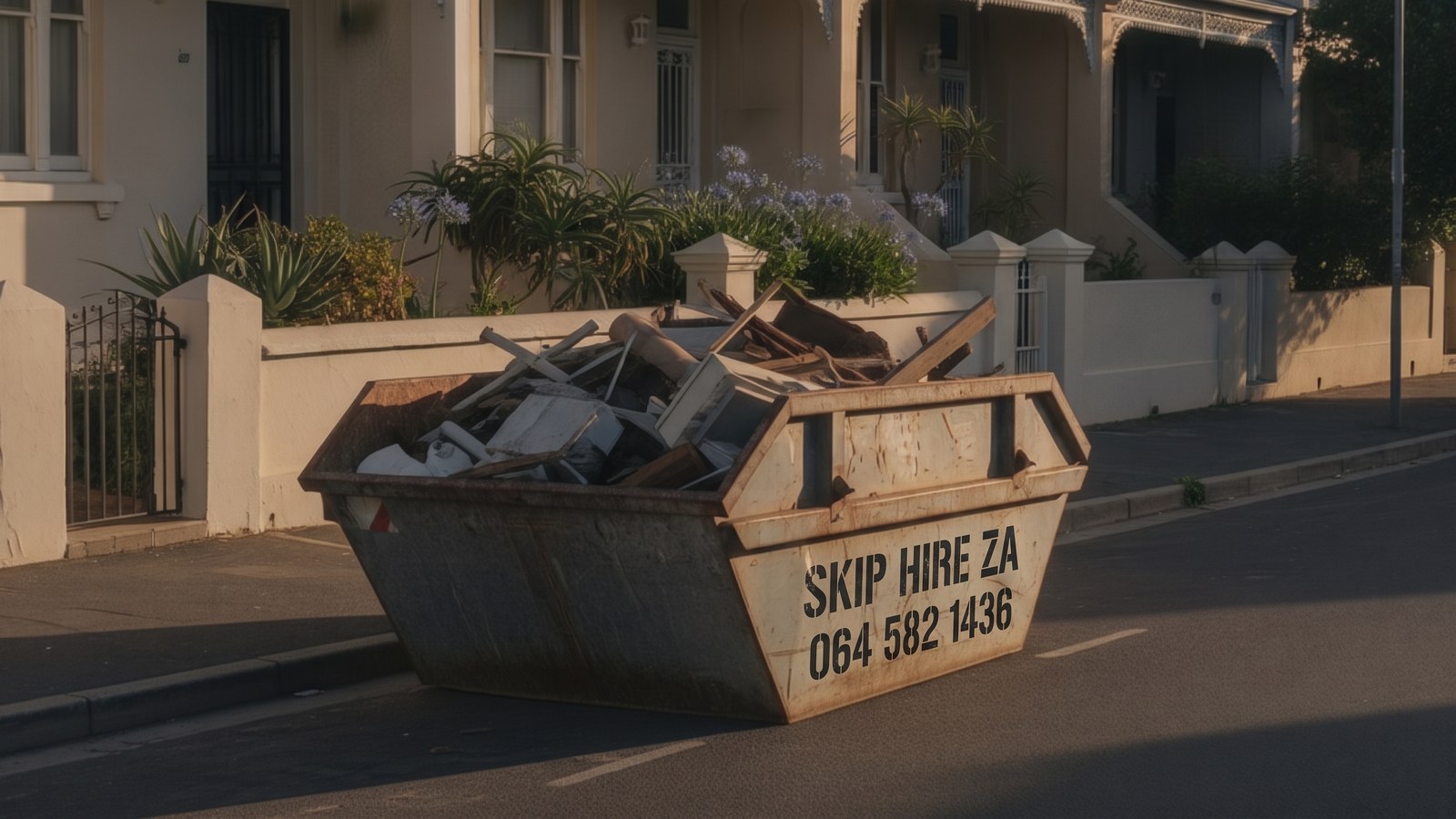 Kerbside skip outside a semi-detached Victorian home with iron verandah detailing